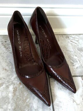 Antonio Melani Glove Fit Heels Womens 6M Brown Leather Croc Embossed Pointed Toe